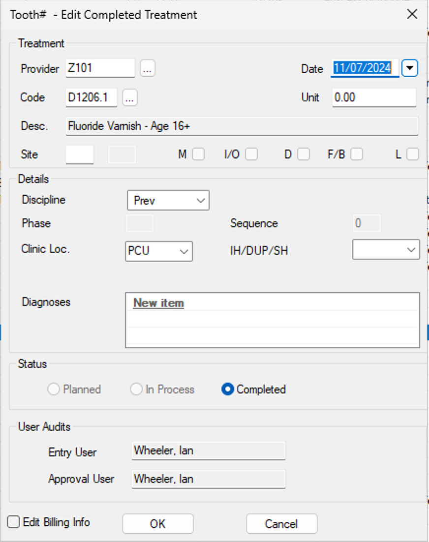 Edit treatment window