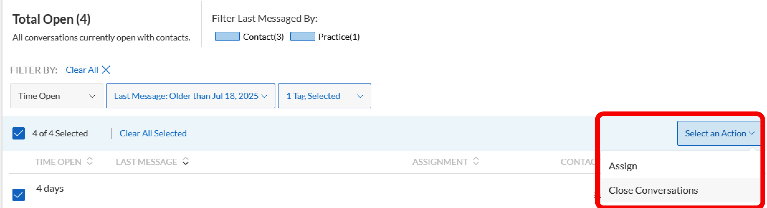 Selecting the Close Conversations action