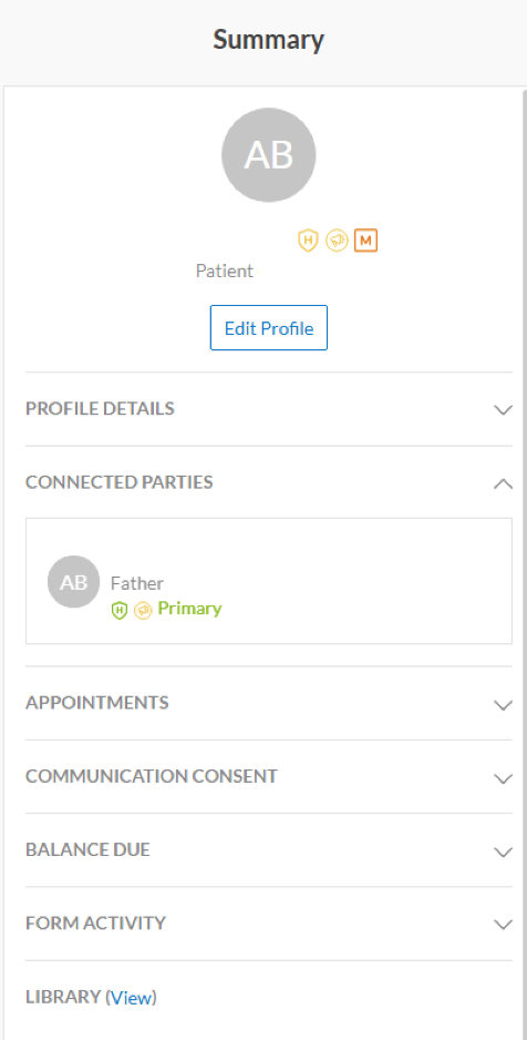 Summary window showing connected parties